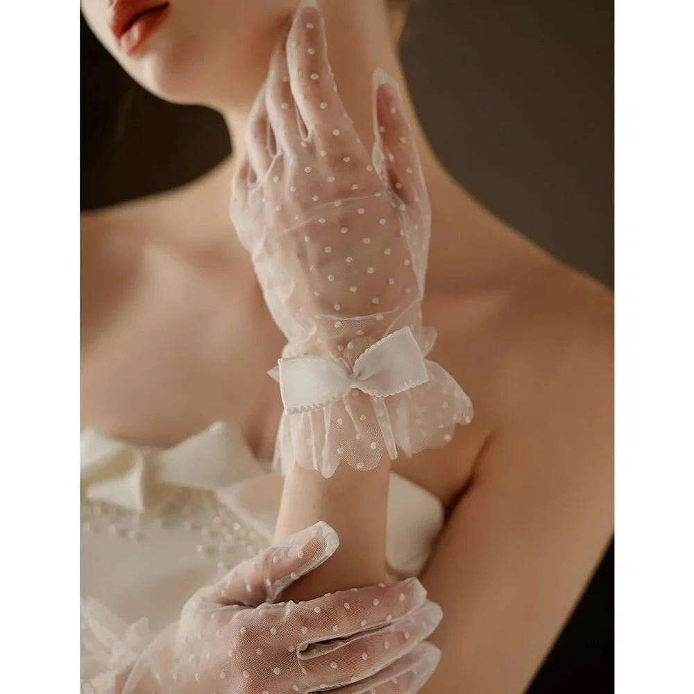 Women's Black Short Polka Dot Lace Bow Mesh Party Wedding Bridal Gloves Prom